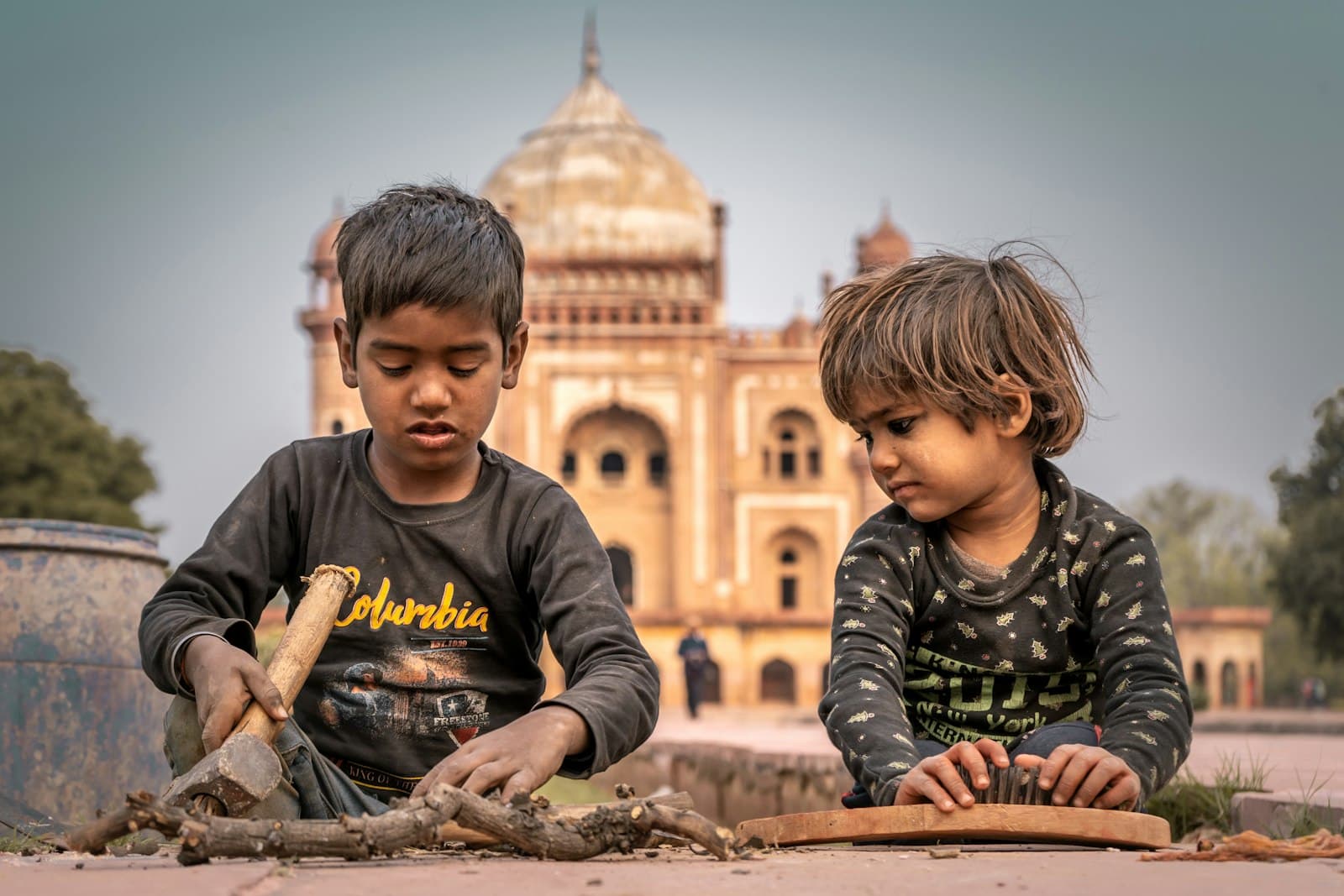 Two boys playing outdoors